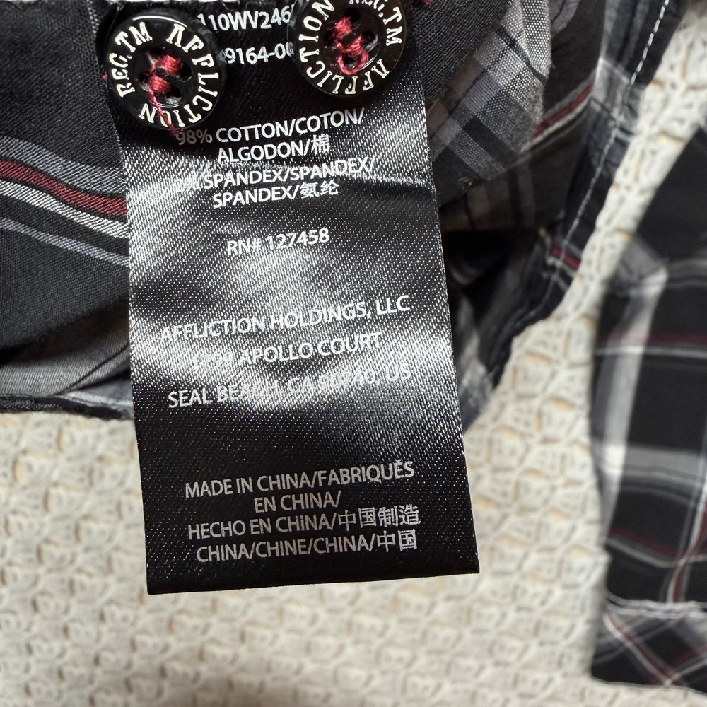 Affliction Black Premium Buckle Slim Shirt Mens Sz M Plaid Button Up Embroidery - Picture 8 of 10